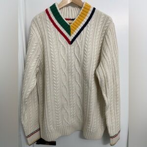 Classic V-Neck Cable Knit Sweater with HBC Multistripe Trim